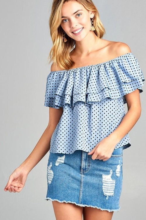 Double Ruffle Off Shoulder Polka Dot Top