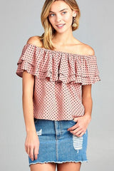 Double Ruffle Off Shoulder Polka Dot Top