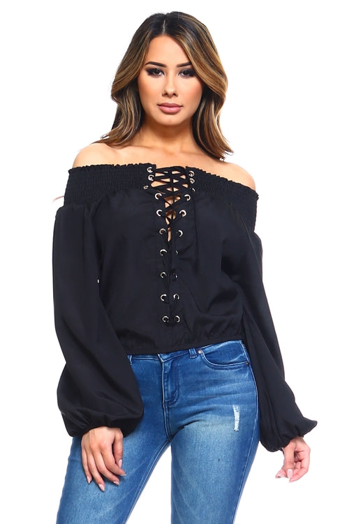 Lace-Up Off Shoulder Elastic Blouse