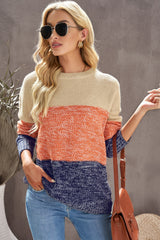 Color Block Round Neck Long Sleeve Sweater