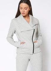 Oversized Collar Zip-Up Moto Jacket In Heather Grey