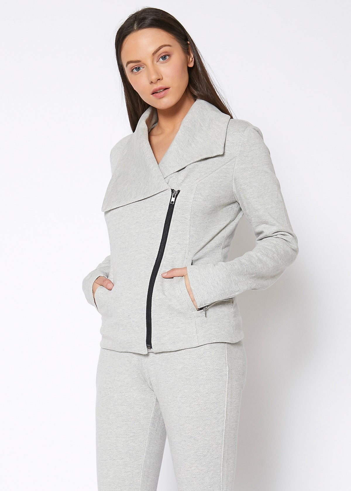 Oversized Collar Zip-Up Moto Jacket In Heather Grey