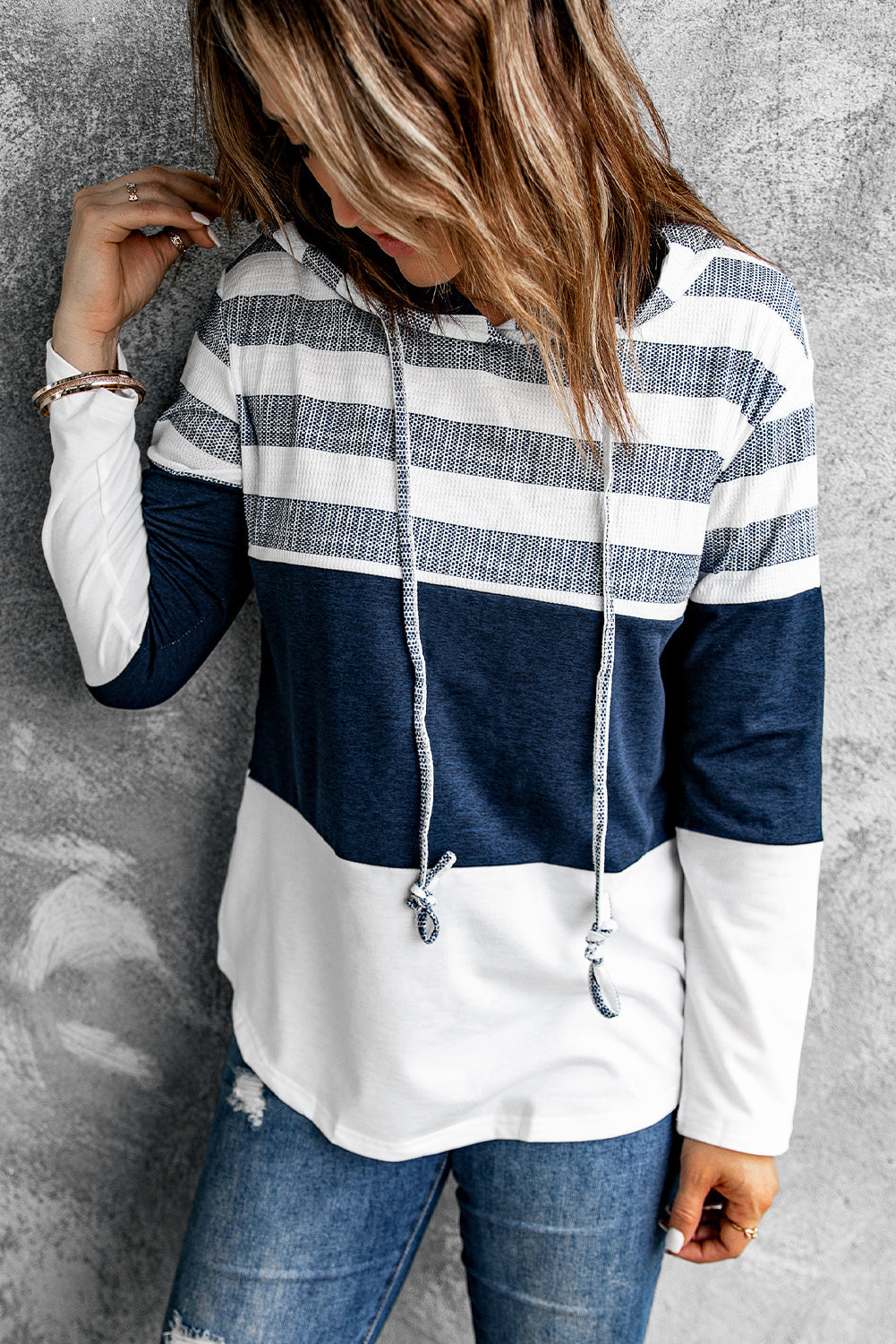 White Color Block Classic Pullover Drawstring Hoodie