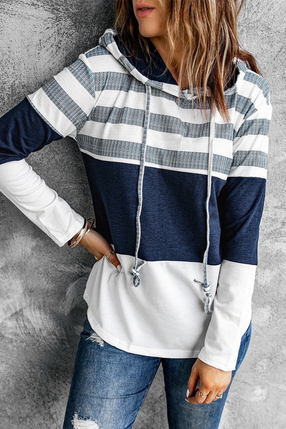 White Color Block Classic Pullover Drawstring Hoodie