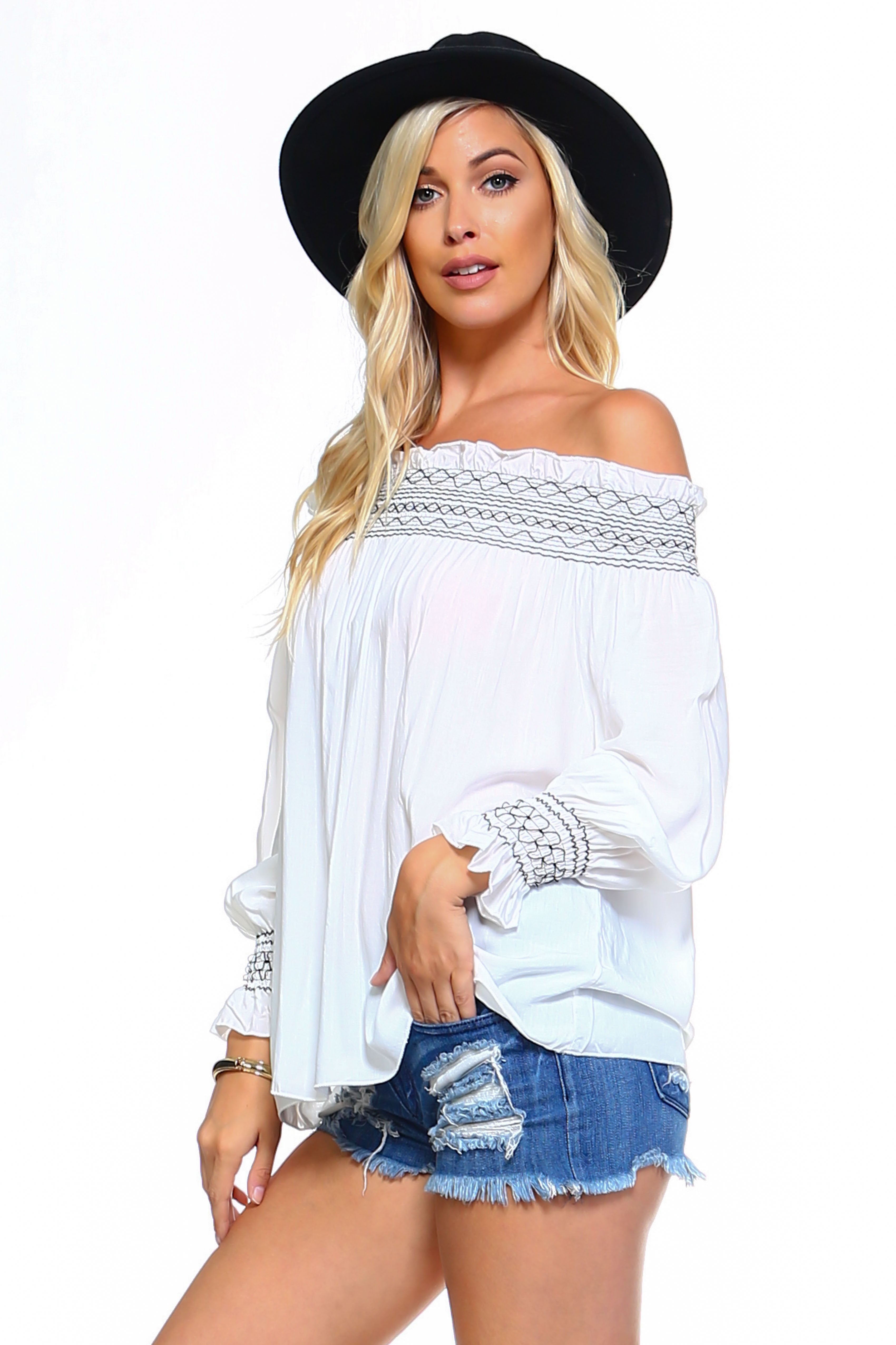 Off Shoulder Stripe Smocked Elastic Top