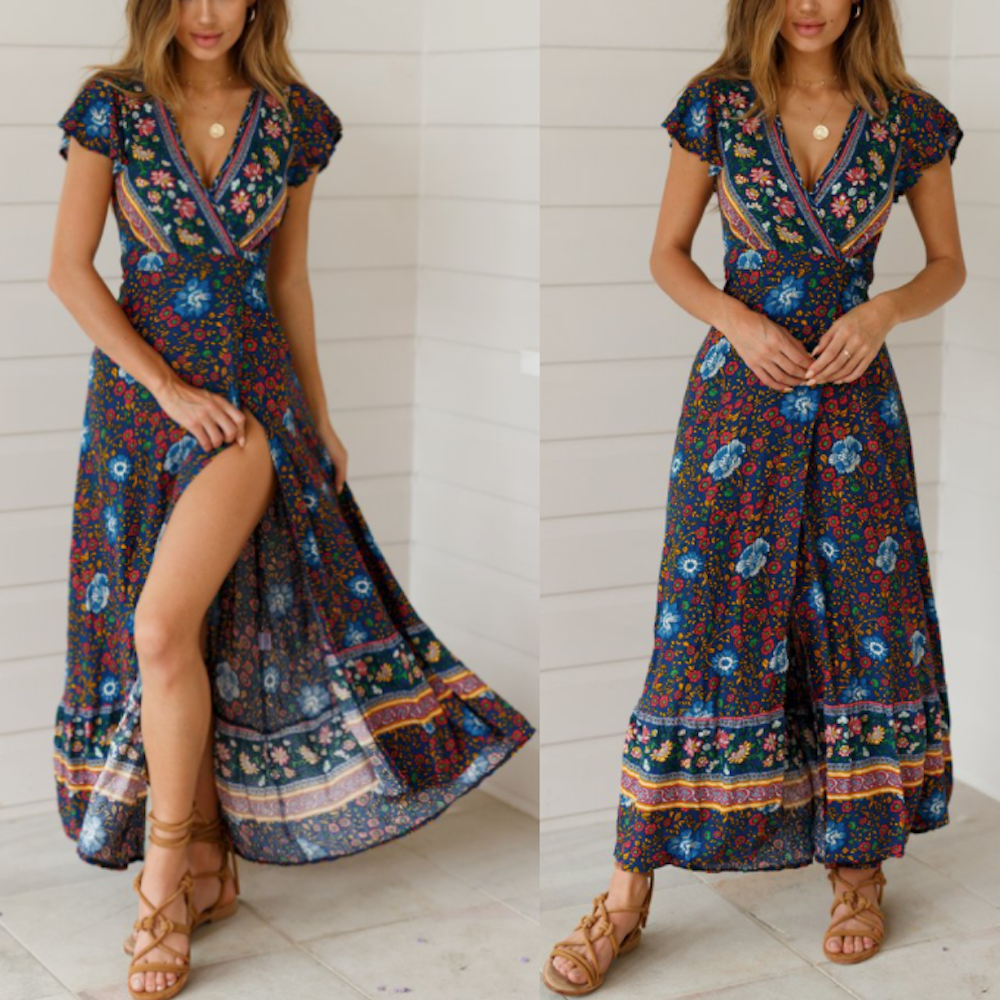 Wrap Style V Neck Floral Maxi Dress