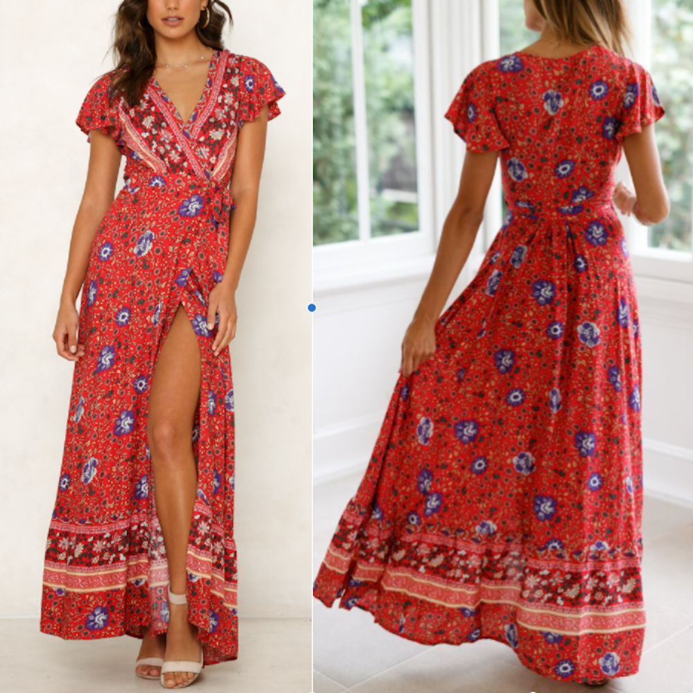 Wrap Style V Neck Floral Maxi Dress