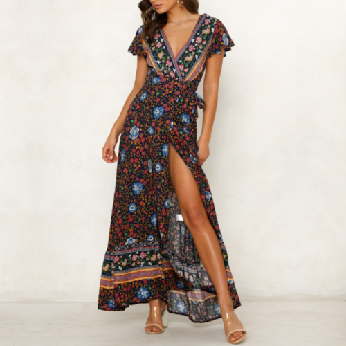 Wrap Style V Neck Floral Maxi Dress