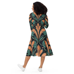 Long Sleeve Midi Dress - Retro Vintage Print