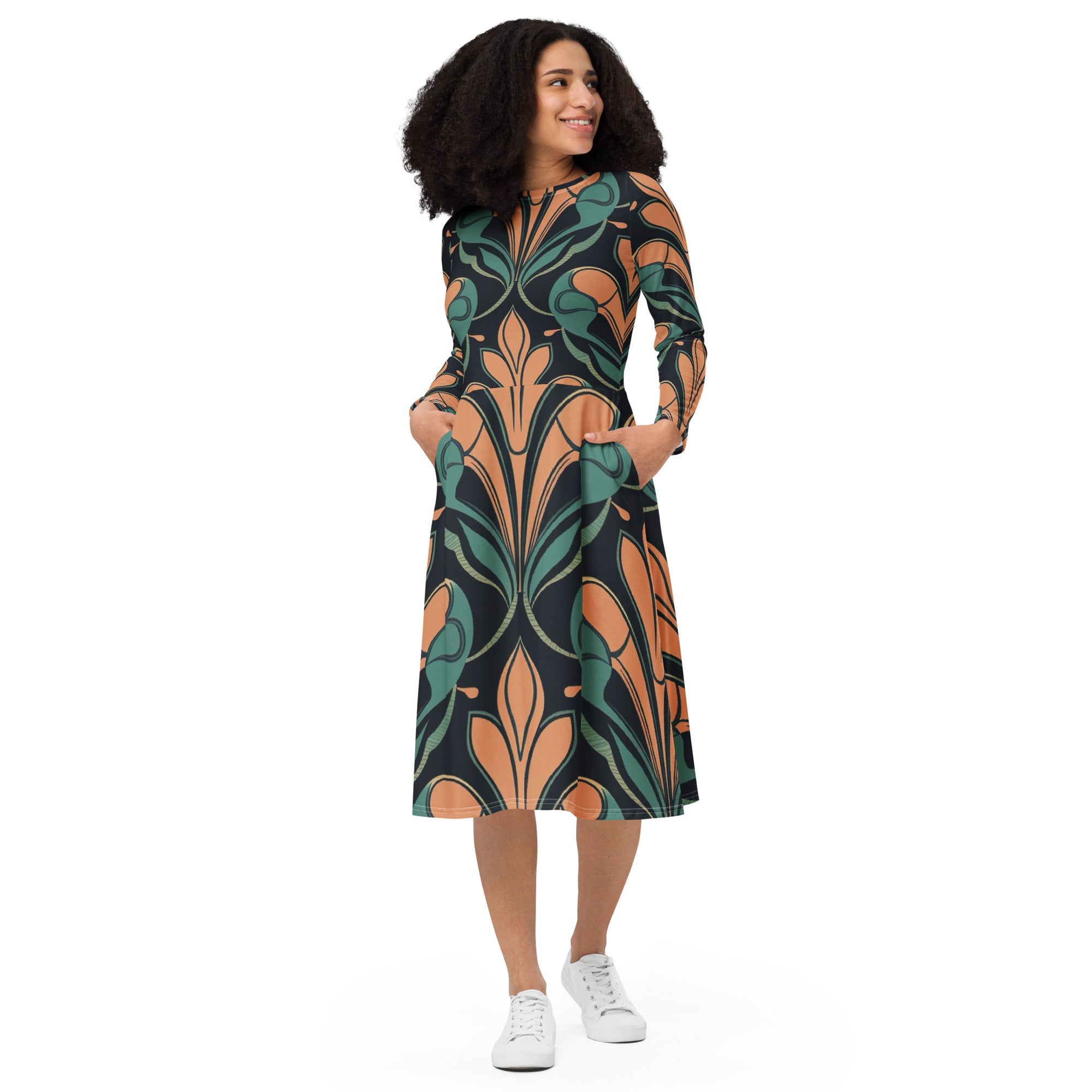 Long Sleeve Midi Dress - Retro Vintage Print