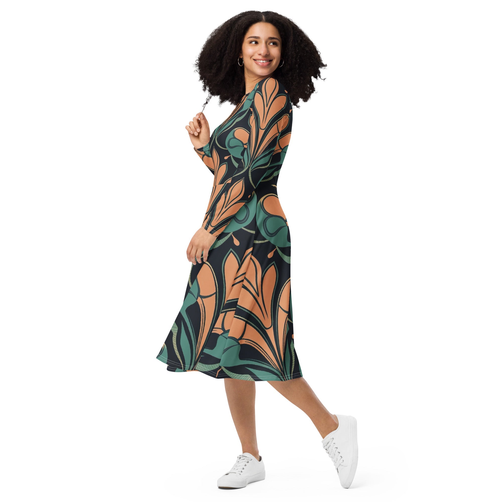 Long Sleeve Midi Dress - Retro Vintage Print