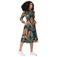 Long Sleeve Midi Dress - Retro Vintage Print