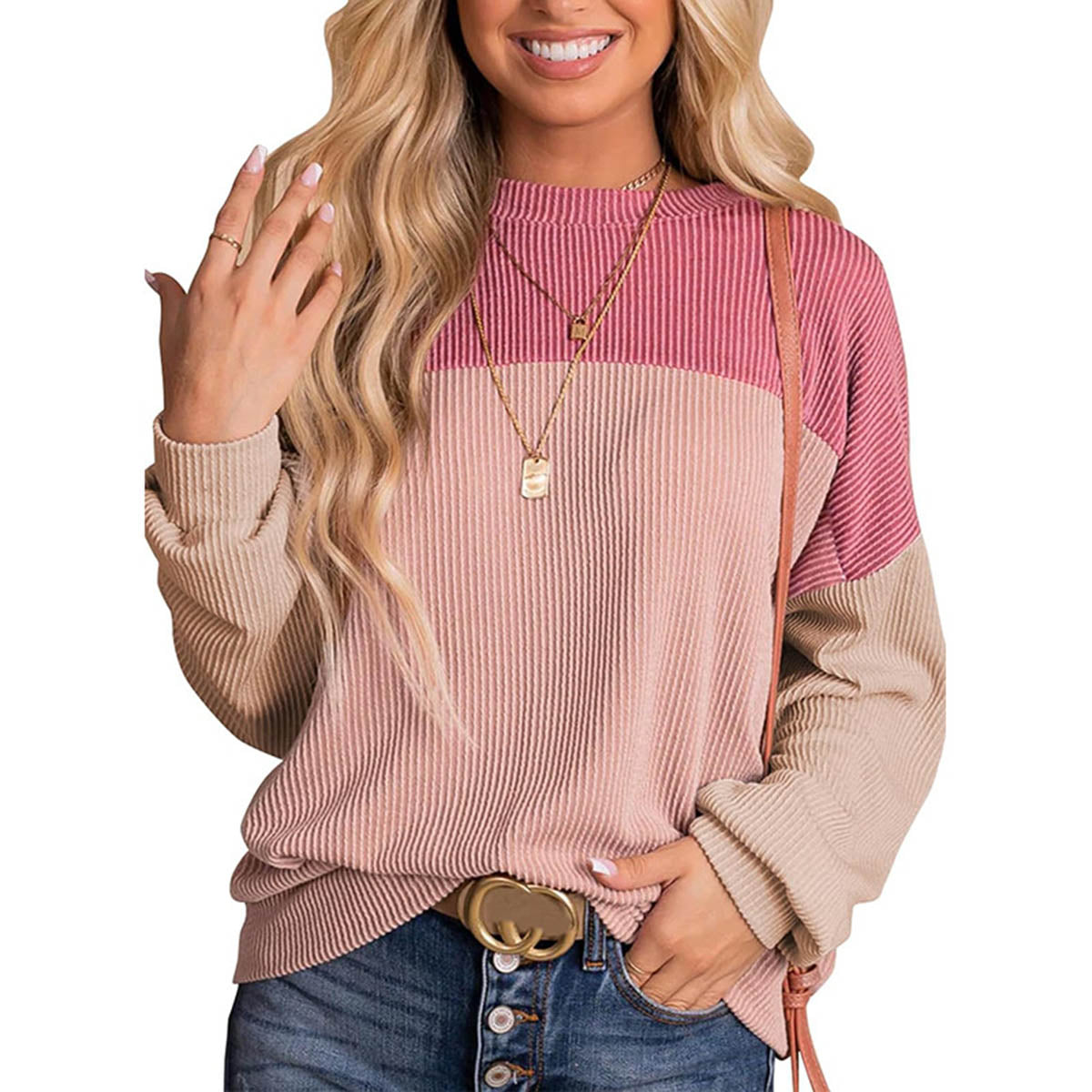 Color Block Long Sleeve Crewneck Knitted Casual Pullover Tops